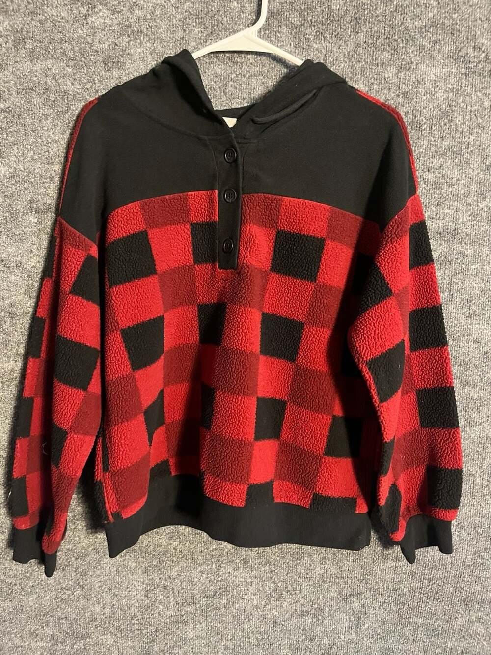 Como Vintage Fleece Hoodie Size L Red Black Buffalo Plaid Pullover 003-137